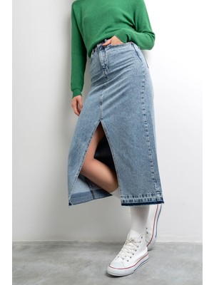 Its Basic Kadın Snow Kot Rengi Derin Yırtmaçlı Yüksek Bel Uzun Denim Etek