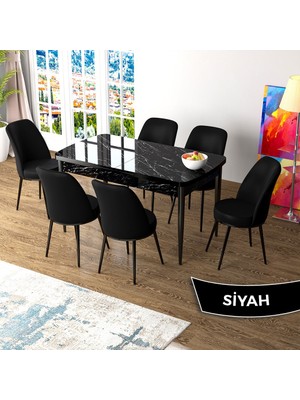 Canisa Concept Zen Serisi Açılabilir Siyah Mermer Desen Mdf 80X132 Mutfak Masası Takımı 6 Adet Sandalye