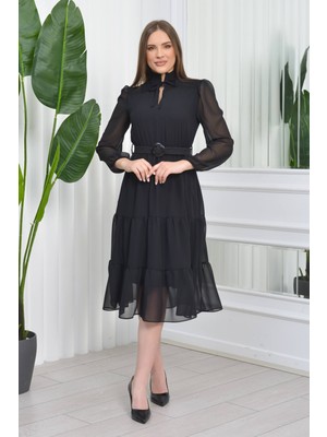 Neşeli Butik Neseli Butik Kadın Omuz Detaylı Yüksek Yaka Şifon Elbise RY7156 - Siyah