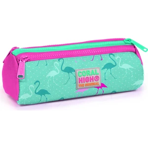Coral High Kids Su Yeşili Neon Pembe Flamingo Desenli Üç Bölmeli Kalem Çantası