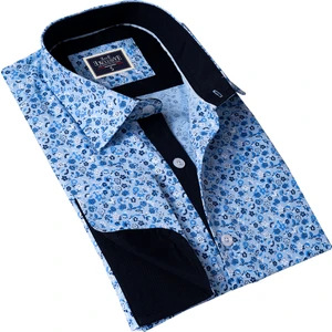 Exve Exclusive Mavi Üzeri Beyaz Çiçek Baskılı Fransız Duble Manşet Kol Düğmeli Hediye Karton Kutulu Gömlek