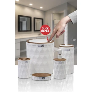 Okyanus Home Diamond 5'li Beyaz Paslanmaz Çelik Banyo Seti – Ahşap Click Kapaklı Şık ve Dekoratif Tasarım