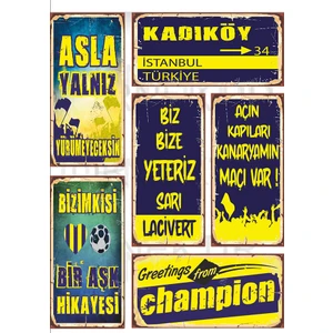 Trend Poster Sarı Lacivert 6'lı Takım Duvar Tablosu Retro Ahşap Poster
