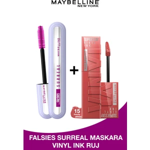 Maybelline New York Falsies Surreal Maskara + Super Stay Vinyl Ink Likit Parlak Ruj 15 Peachy