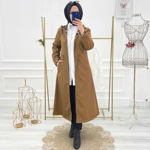 Vibeys Collection Taba Içi Leopar Desenli ve Kendinden Astarlı Su Geçirmez Kadın Trençkot