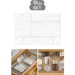 Meleni Home 9 Parça Şeffaf Tasarım Modüler Saklama Kabı - Çekmece Içi Düzenleyici, Banyo Makyaj Takı Organizeri