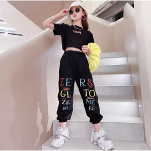 Kids Face Özel Tasarım Diz Yırtık Detaylı Renkli Transfer Baskılı Pamuk Kısa Kollu Yazlık Kız Çocuk Eşofman Takımı