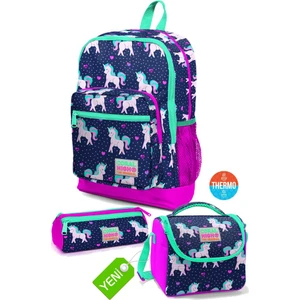 Coral High Kids Neon Pembe Su Yeşili Kalp Desenli Dört Bölmeli Okul Sırt Çantası,thermo Beslenme Çan