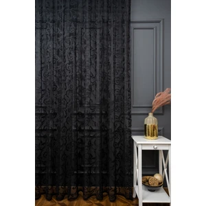 Evdepo Home Taç Şal Desen Kullanıma Hazır Ekstraforlu Pilesiz Tül Perde Tek Kanat - Siyah 100 x 270 cm