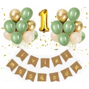 Çıtı Pıtı Store 1 Yaşgold Happy Bırthday Kaligrafi Banner Krom Gold Küf Yeşili Deniz Kumu Balon Set