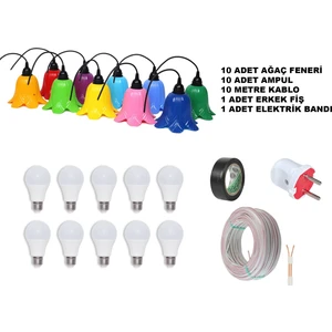LED Dekoratif Renkli Ağaç Feneri 10'lu + Ampul + Kablo + Izole Bant Su Geçirmez
