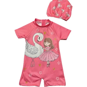 Lolli Boom Kids  Kız Çocuk Mayo ve Bone Takımı Balerin Kuğu Karakter Baskılı Kısa Kollu Fermuar Kapamalı Mayo ve Bone Takımı