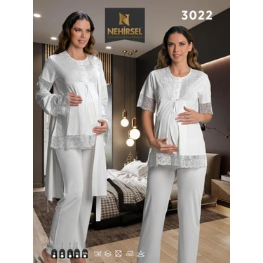 Nehir Nehirsel  3022 Ecru Hamile Lohusa 3 Lü Pijama Sabahlık