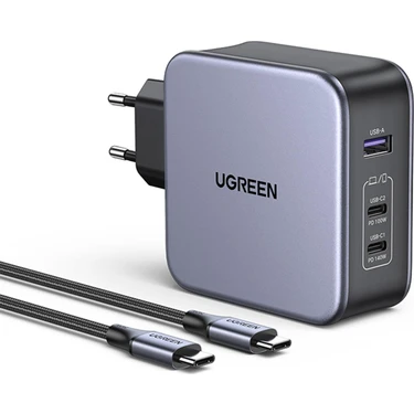 UGREEN Nexode 140W GaN 3 Portlu Hızlı Şarj Cihazı 2xUSB-C, 1xUSB-A QC 4.0 PD 3.1, Uzay Grisi -