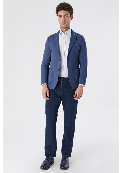 Indigo Mavi Slim Fit Kılıç Yaka Ceket 30158320