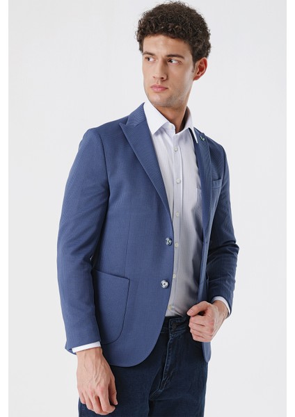 Indigo Mavi Slim Fit Kılıç Yaka Ceket 30158320