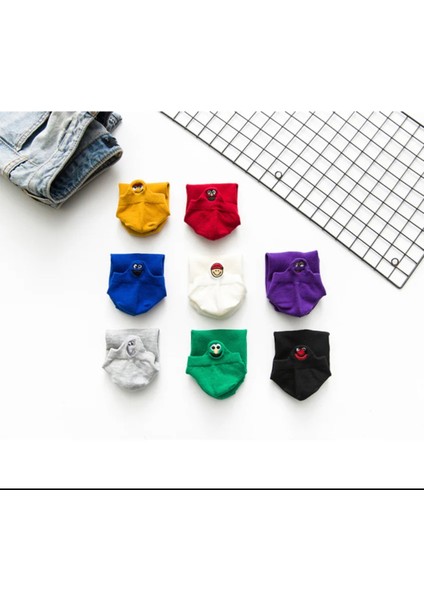 8’li Unisex Eglenceli Emojili Nakişli Bilek Kısa Çorap Seti
