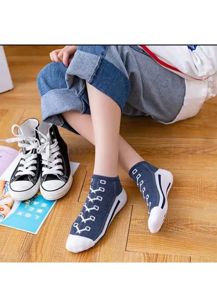 5’çift Ayakkabı Desen Pamuklu Kısa Patik Çorap Seti