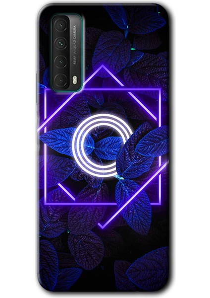 Huawei P Smart 2021 Kılıf Hd Desen Baskılı Arka Kapak + Temperli Cam - Dark Neon Yaprak O Harfi