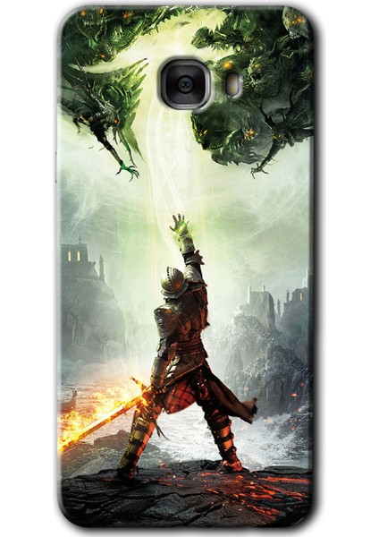 Samsung Galaxy C7 Kılıf Hd Desen Baskılı Arka Kapak + Temperli Cam - Dragon Hunter