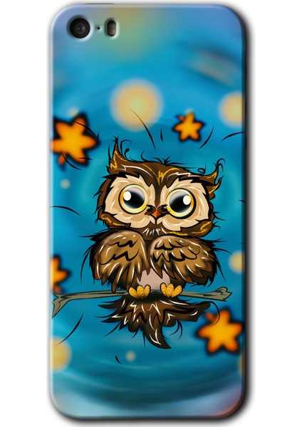 iPhone 5 Kılıf Hd Desen Baskılı Arka Kapak + Temperli Cam - Owl Bird Stars