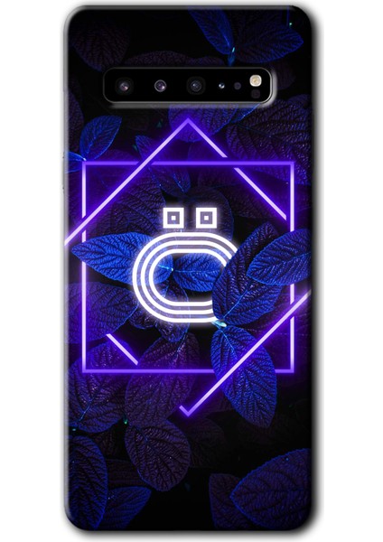 Samsung Galaxy S10 Plus Kılıf Hd Desen Baskılı Arka Kapak + Temperli Cam - Dark Neon Yaprak Ö Harfi