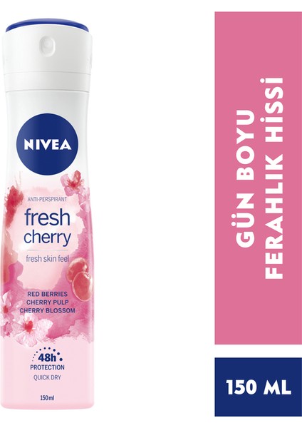 Kadın Sprey Deodorant Fresh Cherry, 48 Saat Anti-perspirant Koruma, 150 ml x3 Adet