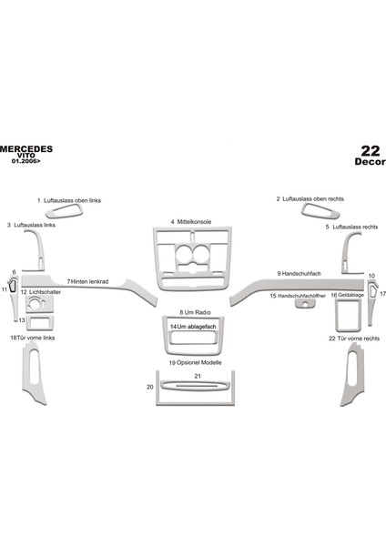 Meriç® Mercedes Vito Ön Torpido Kaplama Maun 22 Parça 2006-2016