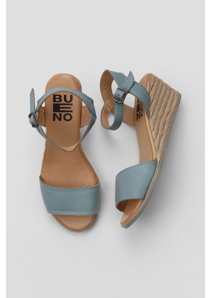 Bueno Shoes Mavi Deri Kadın Dolgu Topuklu Espadril Sandalet 01WS11101