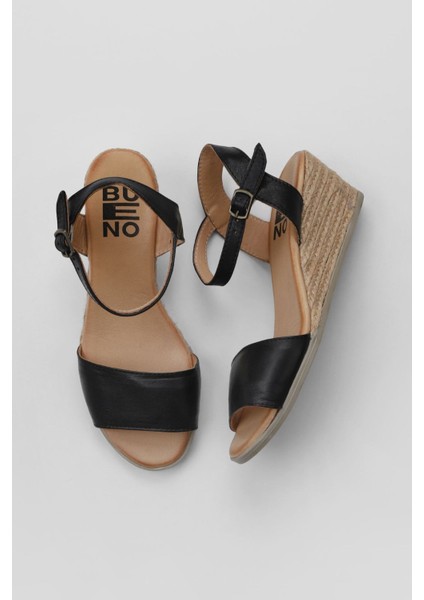 Siyah Deri Kadın Dolgu Topuklu Espadril Sandalet 01WS11101
