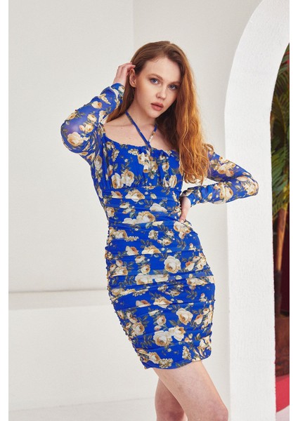 Çiçek Desen Elbise-Saks