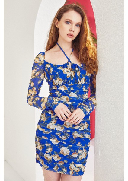 Çiçek Desen Elbise-Saks