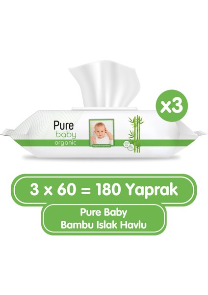 Pure Baby Organik Bambu Özlü Islak Havlu 3×60 (180 Yaprak)