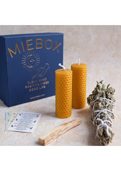 MIEBOX Arınma ve Enerji Seti %100 Doğal (Palo Santo Tütsü + Balmumu Mum + Adaçayı Tütsüsü)