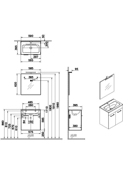 Ardea 67072 Banyo Dolabı Seti Kapaklı 60 cm Parlak Antrasit