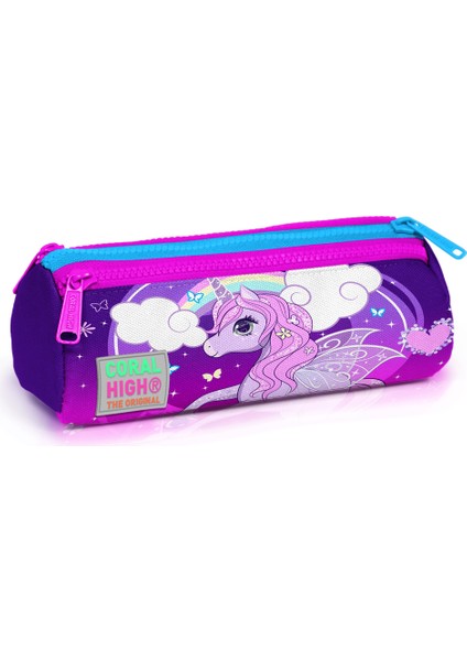 Kids Mor Pembe Unicorn Desenli Üç Bölmeli Kalem Çantası