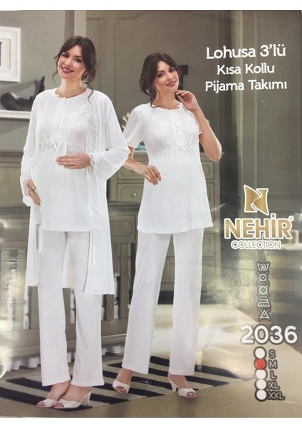 2036  Ecru Hamile Lohusa 3lü Pijama Sabahlık Takım