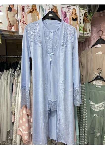 Nehirsel 3022 Mavi Hamile Lohusa 3 Lü Pijama Sabahlık Tk