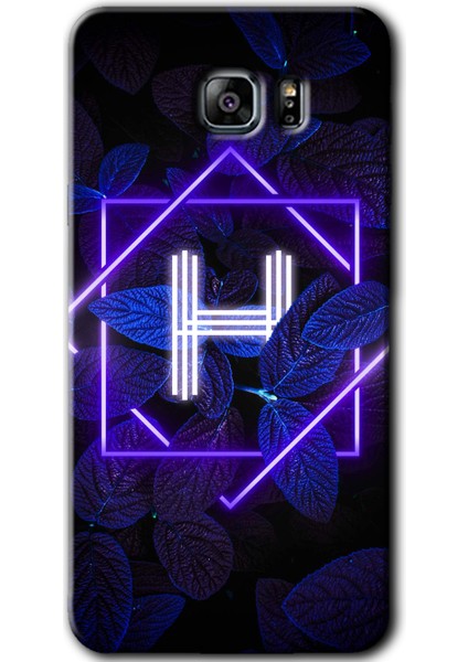 Samsung Galaxy Note 5 Kılıf Hd Desen Baskılı Arka Kapak + Temperli Cam - Dark Neon Yaprak H Harfi