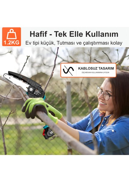 58VF 5AH 6'' 20 cm Pala Dark Blue Şarjlı Çift Akülü Mini Zincirli Budama Testere Makinesi