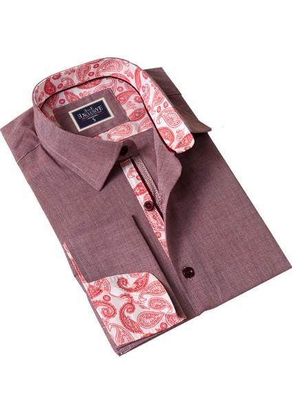 Bordo Ekoseli Içi Şal Desen Fransız Duble Manşet Kol Düğmeli Hediye Karton Kutulu Gömlek