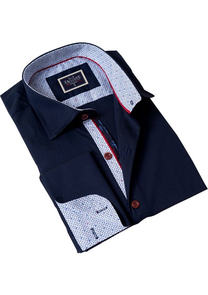 Lacivert Yaka Içi Detaylı Fransız Duble Manşet Kol Düğmeli Hediye Karton Kutulu Gömlek