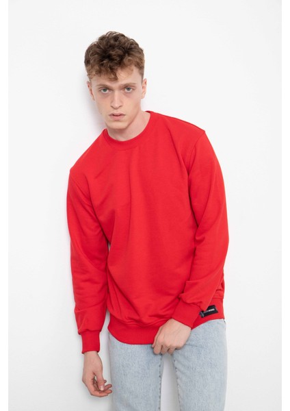 Regular Basic Şardonsuz Sweatshirt Kırmızı