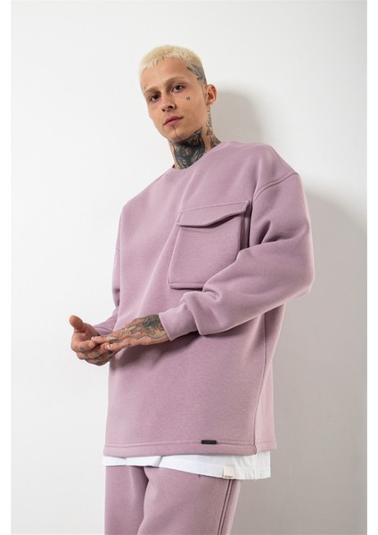 Süper Oversize Cepli Bisiklet Yaka Basic Sweatshirt Kirli Pembe