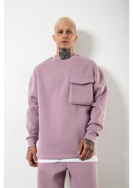 Süper Oversize Cepli Bisiklet Yaka Basic Sweatshirt Kirli Pembe