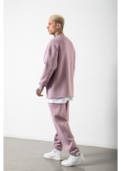 Süper Oversize Cepli Bisiklet Yaka Basic Sweatshirt Kirli Pembe