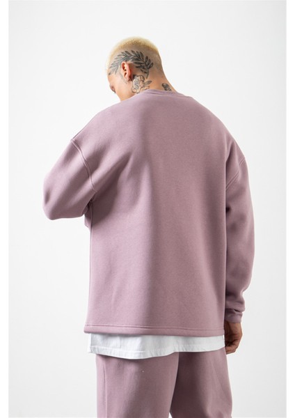 Süper Oversize Cepli Bisiklet Yaka Basic Sweatshirt Kirli Pembe