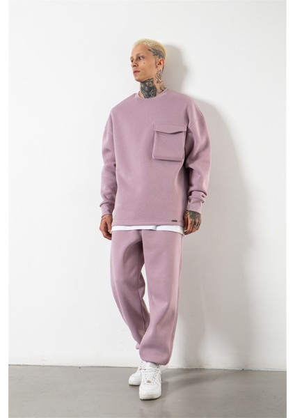 Süper Oversize Cepli Bisiklet Yaka Basic Sweatshirt Kirli Pembe