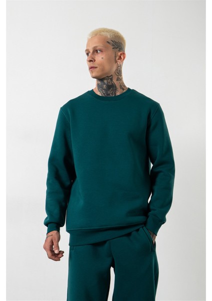 Regular Bisiklet Yaka Basic Sweatshirt Petrol Yeşili