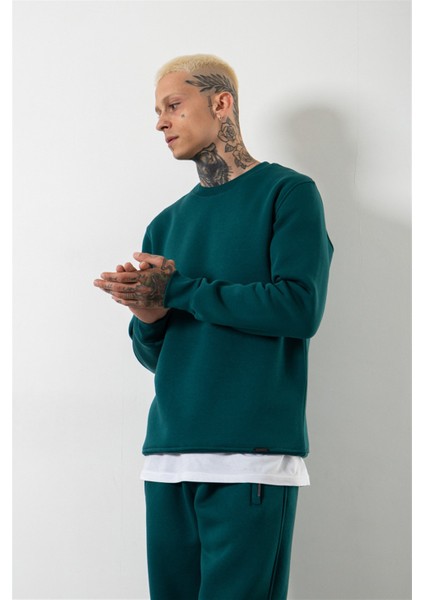 Regular Bisiklet Yaka Basic Sweatshirt Petrol Yeşili
